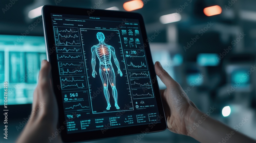 Poster a person holds a tablet displaying an anatomical model with highlighted features, illustrating advan