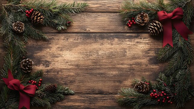 Rustic Christmas Frame: A charming holiday border of evergreen boughs, pine cones, and rich red ribbons on a weathered wood background. Perfect for festive designs and seasonal greetings. 