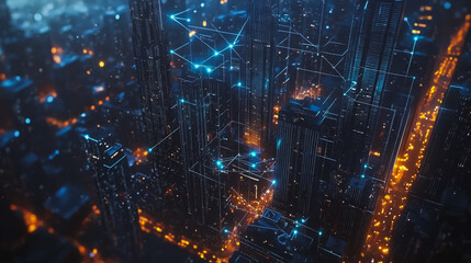 Smart digital city with connection cyber security network reciprocity over the twilight cityscape.future wireless digital city and social media networking systems that connects people within the city