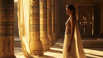 An elegant Egyptian princess, draped in a flowing white gown and adorned with exquisite accessories, stands in a temple with intricate gold columns glowing warmly in the golden hour light
