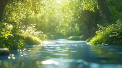 Fototapeta premium A serene river flows through a lush, sunlit forest, creating a peaceful natural scene.