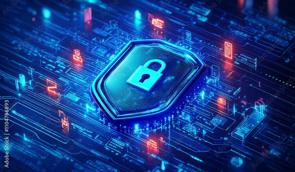 Poster futuristic identity security shield with threat detection response and cloud management technology