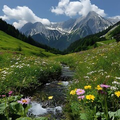 Mountain Stream Flowing Through Wildflowers.