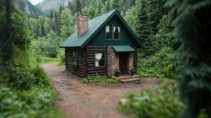 Obraz premium Secluded Rustic Log Cabin in Mountain Forest Landscape