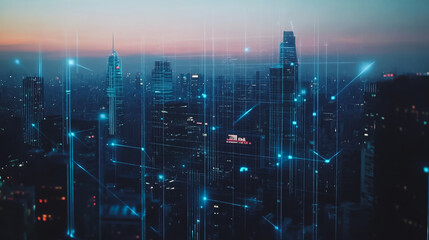 Smart digital city with connection cyber security network reciprocity over the twilight cityscape.future wireless digital city and social media networking systems that connects people within the city