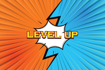 LEVEL UP icon pixel art 8-bit game. retro game.  on comic blank text speech bubbles in pop art style.