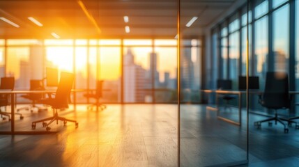Fototapeta premium Blurred office interior background with a blurred door and glass wall, blurry bokeh light effect for a business concept design. High-quality photo, taken with a telephoto lens in realistic daylight