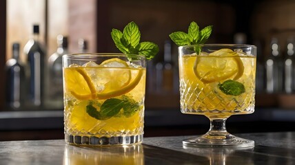 Refreshing Cocktail with Lemon Slice and Mint Garnish in Sunlight