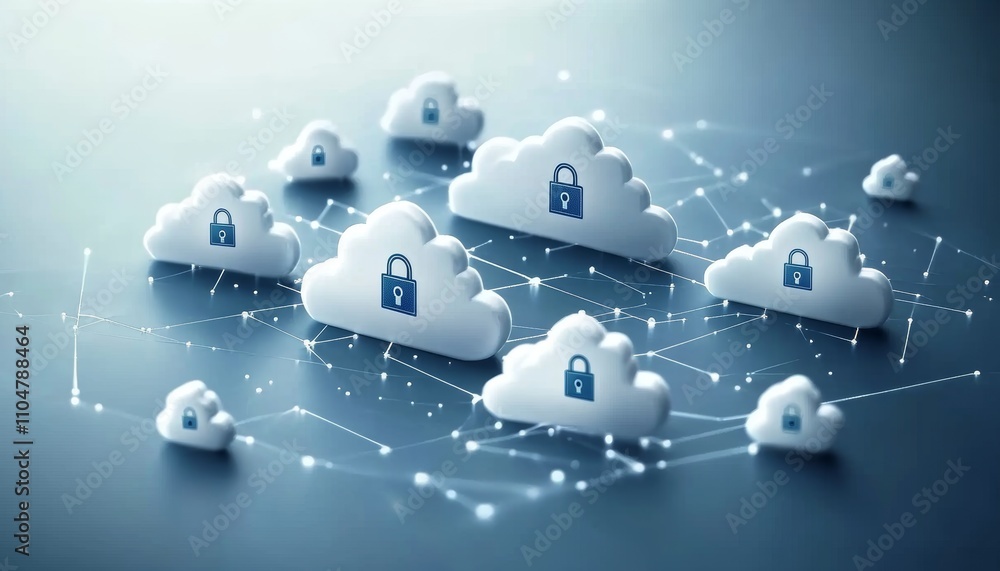 Poster secure cloud computing concept with digital locks and connections on light blue background