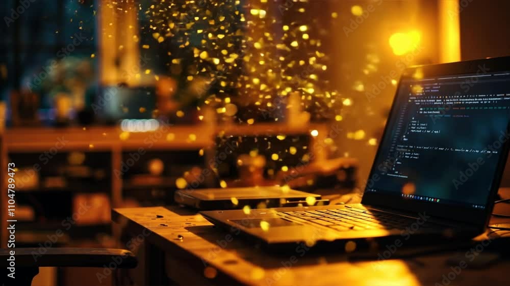 Poster glowing laptop on wooden desk surrounded by golden particles warm workspace for coding and technolog