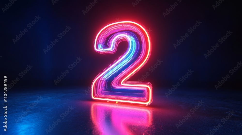 Poster Neon Number Two 3D Rendering Glossy Pink and Blue Light Symbol Digit Design
