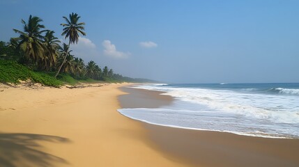 A pristine stretch of golden sand with gentle waves rolling in under a clear blue sky