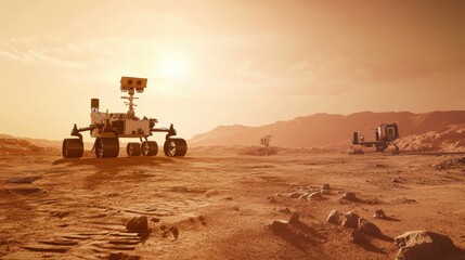 Fototapeta premium A robotic construction site on Mars, with autonomous rovers building habitats, Martian exploration style