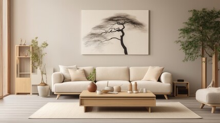 Modern Japandi Living Room Interior with Cozy Beige Couch and Luxury Wooden Elements