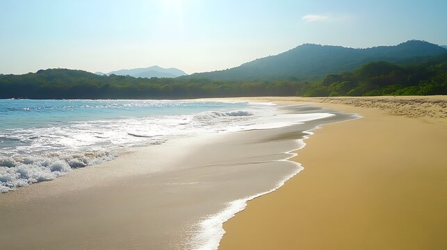 A pristine beach with rolling waves and golden sand under a bright midday sun