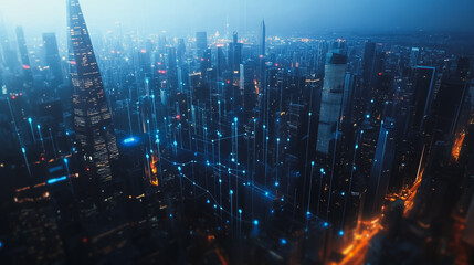 Smart digital city with connection cyber security network reciprocity over the twilight cityscape.future wireless digital city and social media networking systems that connects people within the city