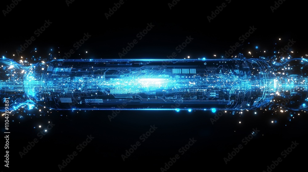 Poster abstract blue circuit board pattern with luminous elements and black background, representing digita