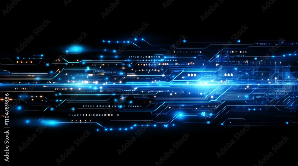 Poster abstract blue circuit board pattern with luminous elements and black background, representing digita