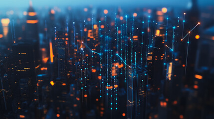 Fototapeta premium Smart digital city with connection cyber security network reciprocity over the twilight cityscape.future wireless digital city and social media networking systems that connects people within the city