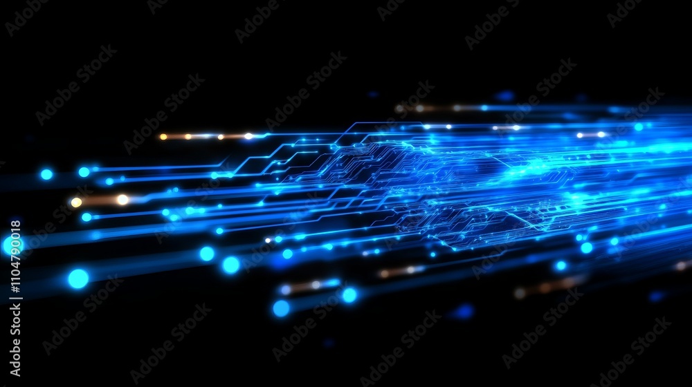 Poster abstract blue circuit board pattern with luminous elements and black background, representing digita