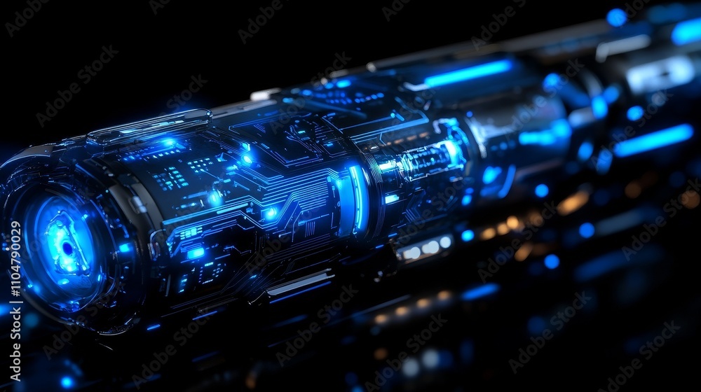 Poster abstract blue circuit board pattern with luminous elements and black background, representing digita
