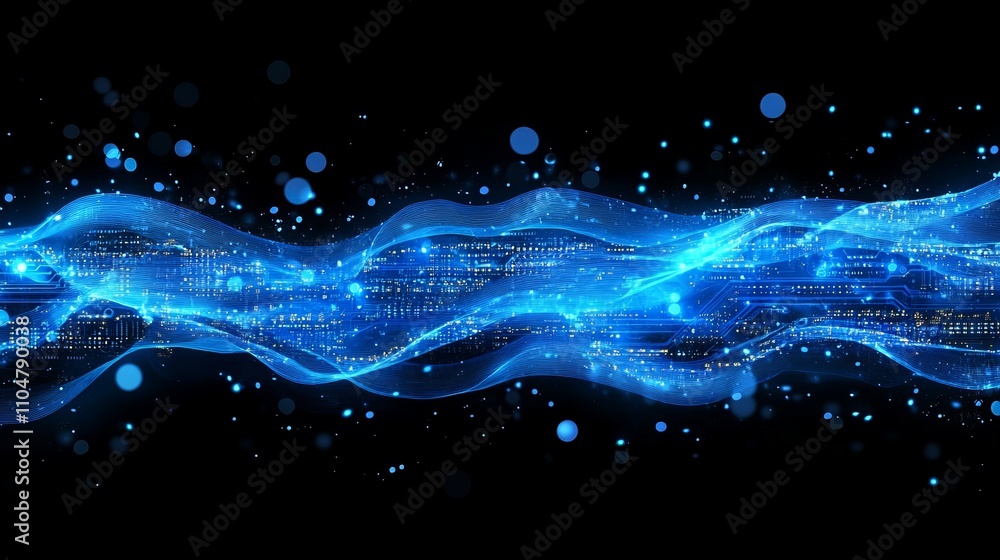 Poster abstract blue circuit board pattern with luminous elements and black background, representing digita