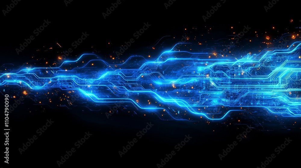 Poster abstract blue circuit board pattern with luminous elements and black background, representing digita
