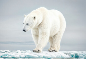 Fototapeta premium A low-angle photograph of a polar bear walking on floating ice floes in an Arctic environment - generated by ai