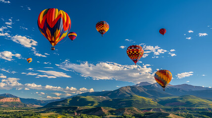 Obraz premium Colourful hot air balloons floating in the blue sky during a summer festival, capturing the essence of adventure and travel.