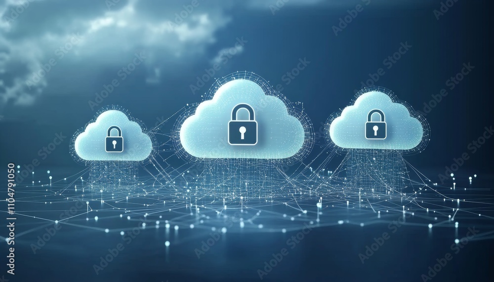 Aufkleber cloud computing security with padlocks and digital illustration in blue gradient background