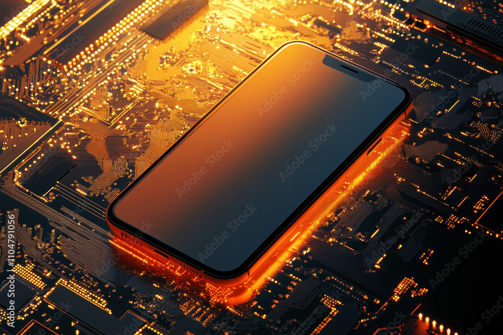 Poster 3d mobile phone screen on light glowing gold background. smartphone futuristic app mockup with abstr