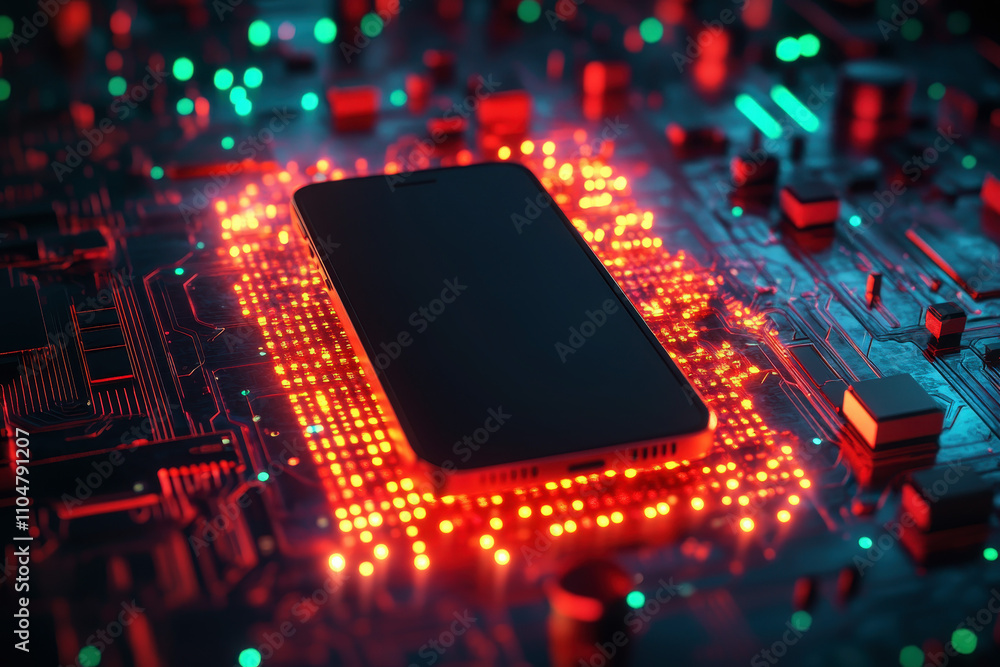 Poster 3d mobile phone screen on light glowing gold background. smartphone futuristic app mockup with abstr