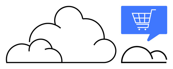Cloud icons with a blue speech bubble containing a shopping cart. Ideal for e-commerce, cloud storage, online shopping, digital business, internet services, technology, and communication themes. Line
