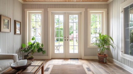 Fototapeta premium Sunroom with white French doors, wooden walls, light grey paneling, cream window frames, plants, coffee table near entrance, front door view.