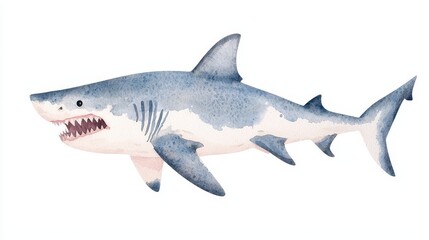 Fototapeta premium Watercolor Great White Shark Illustration Ocean Wildlife Art Marine Animal Painting