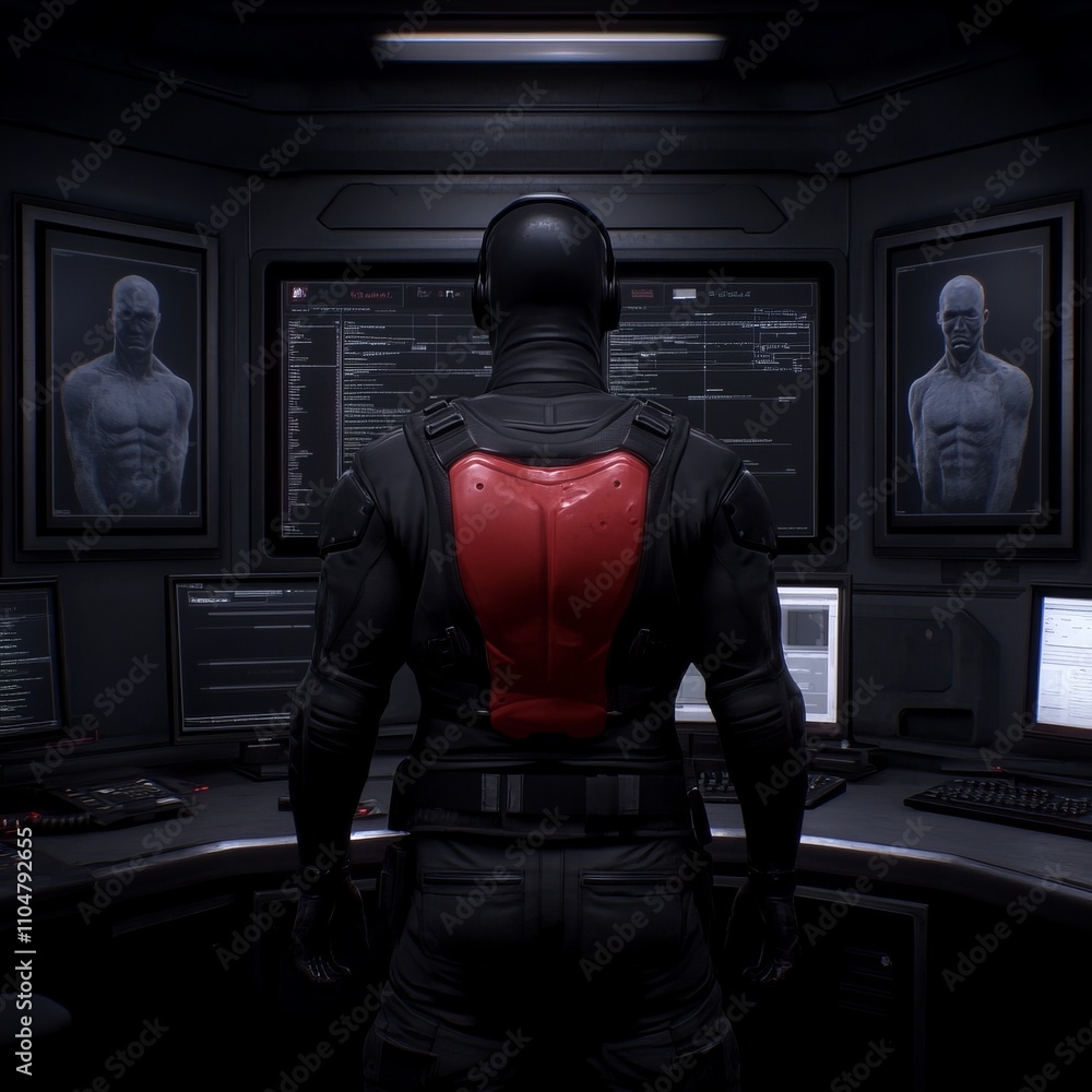 Poster a person in tactical gear monitors screens displaying data and images in a dark control room.