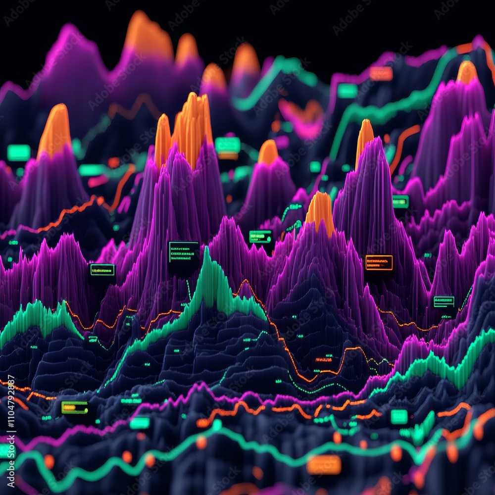 Poster abstract 3d landscape with vibrant peaks and data points.