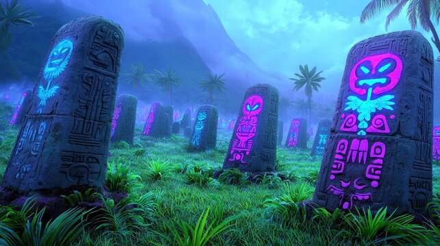 Mysterious Glowing Ancient Ruins in Lush Jungle Neon Tropical Night Scene - Powered by Adobe