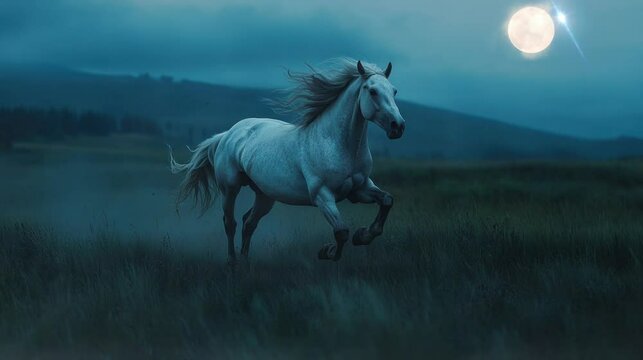 a tough horse running alone in the dark and cloudy night in the middle of the grassland. seamless looping time-lapse virtual 4k video Animation Background.	