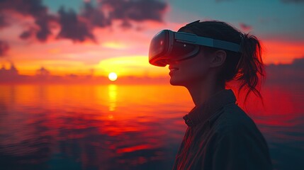 Fototapeta premium Young woman wearing VR headset looking at sunset over water.