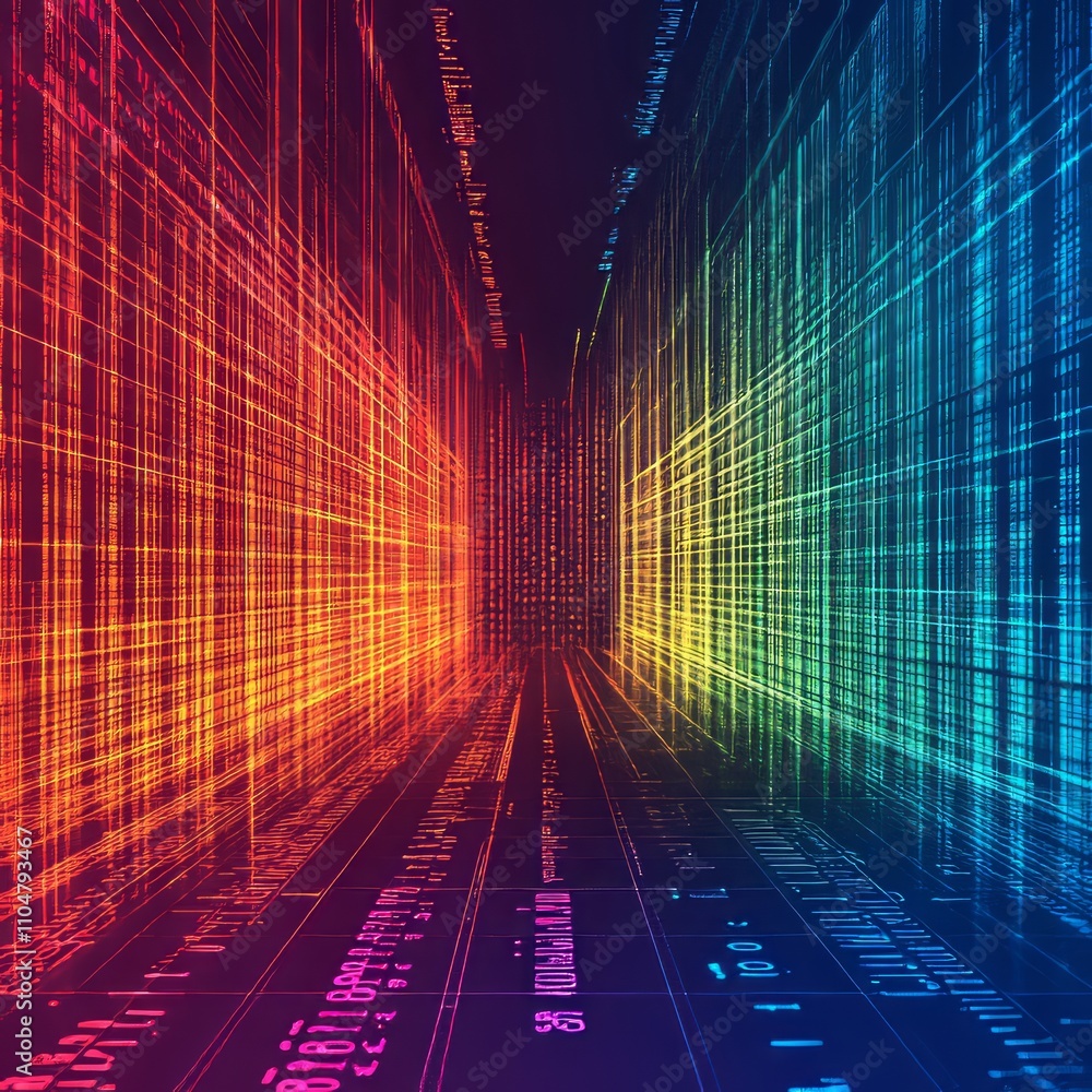 Poster abstract colorful digital data stream, futuristic technology tunnel.