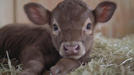 Fototapeta premium Adorable Newborn Calf Farm Animal Cute Baby Cow in Hay