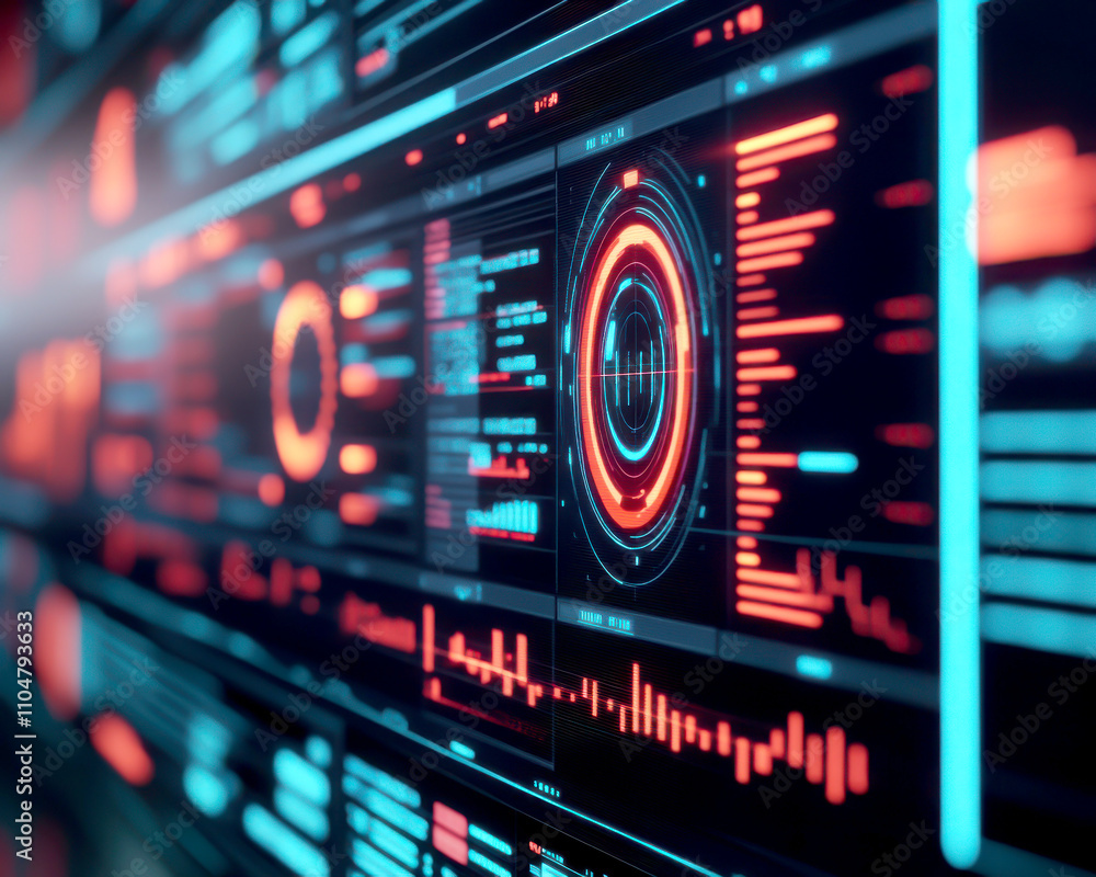 Poster futuristic digital interface with vibrant glowing data visuals.