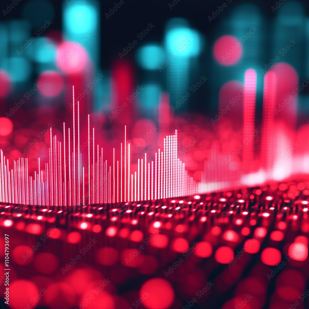 Poster abstract data visualization with glowing red and cyan lines forming a graph on a dark background.