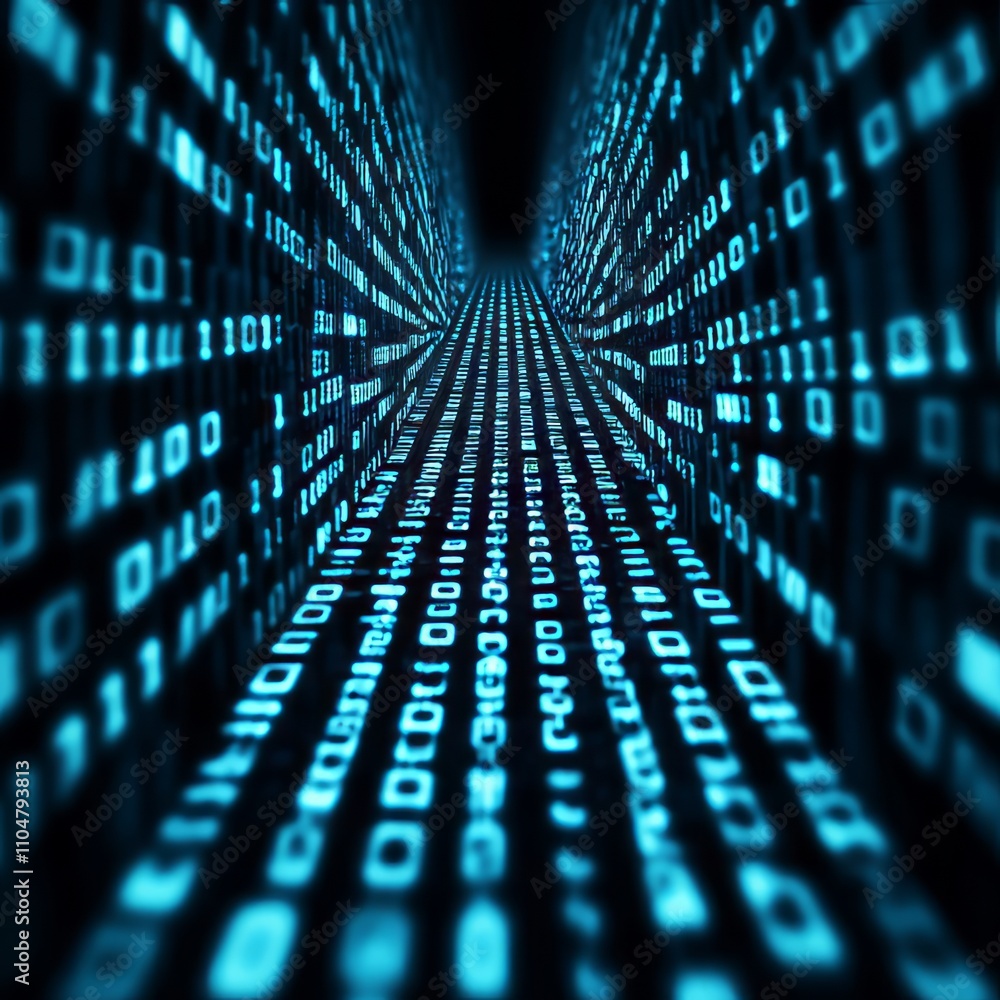 Poster abstract digital tunnel of binary code, glowing blue.