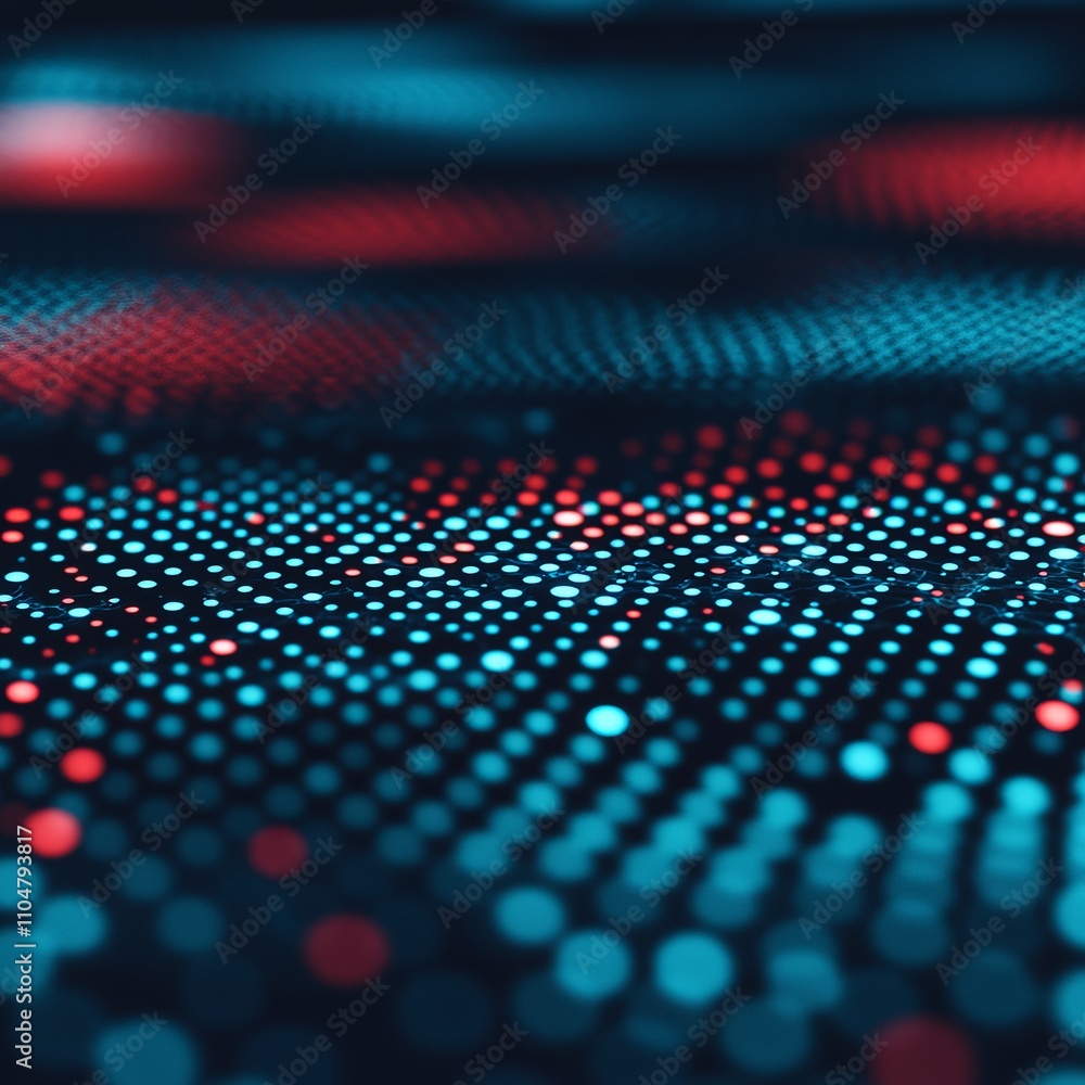 Poster abstract digital wave pattern with glowing red and blue dots on dark background.