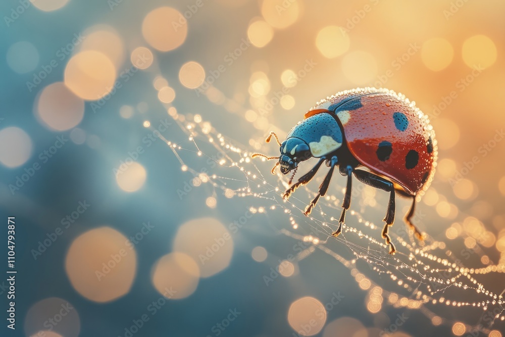 Poster a ladybug sits on a spiderweb with a soft focus background of bokeh lights.