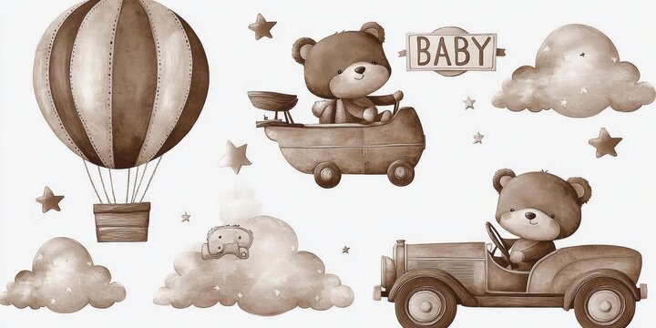 Baby Bear Adventure Invitation Cute Airplane Hot Air Balloon Car Moon Stars Clouds Teddy Bear Birthday Party