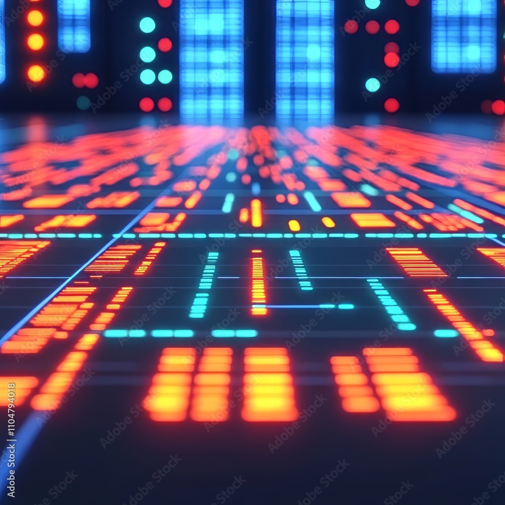 Poster abstract glowing lines and data streams converging on a futuristic floor.