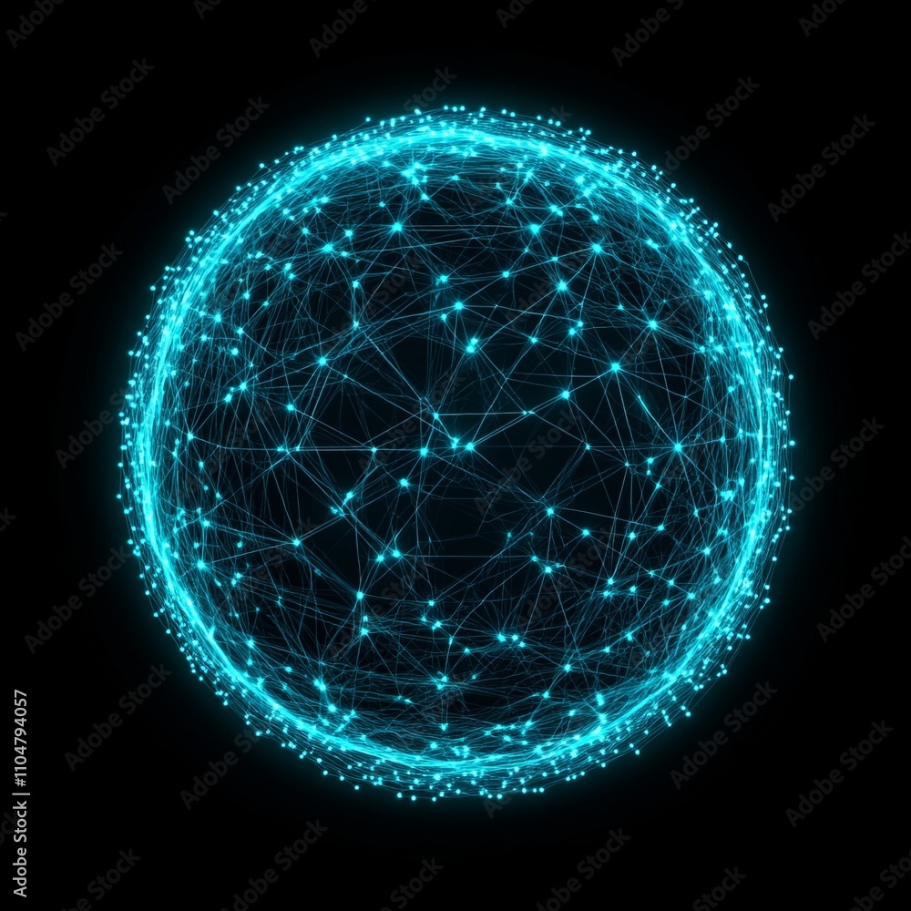 Poster abstract glowing sphere with interconnected nodes and lines.